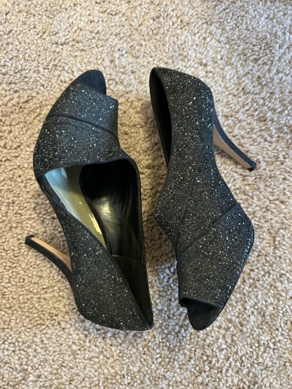 Ann Marino Black Glitter Peep-Toe Stilettos